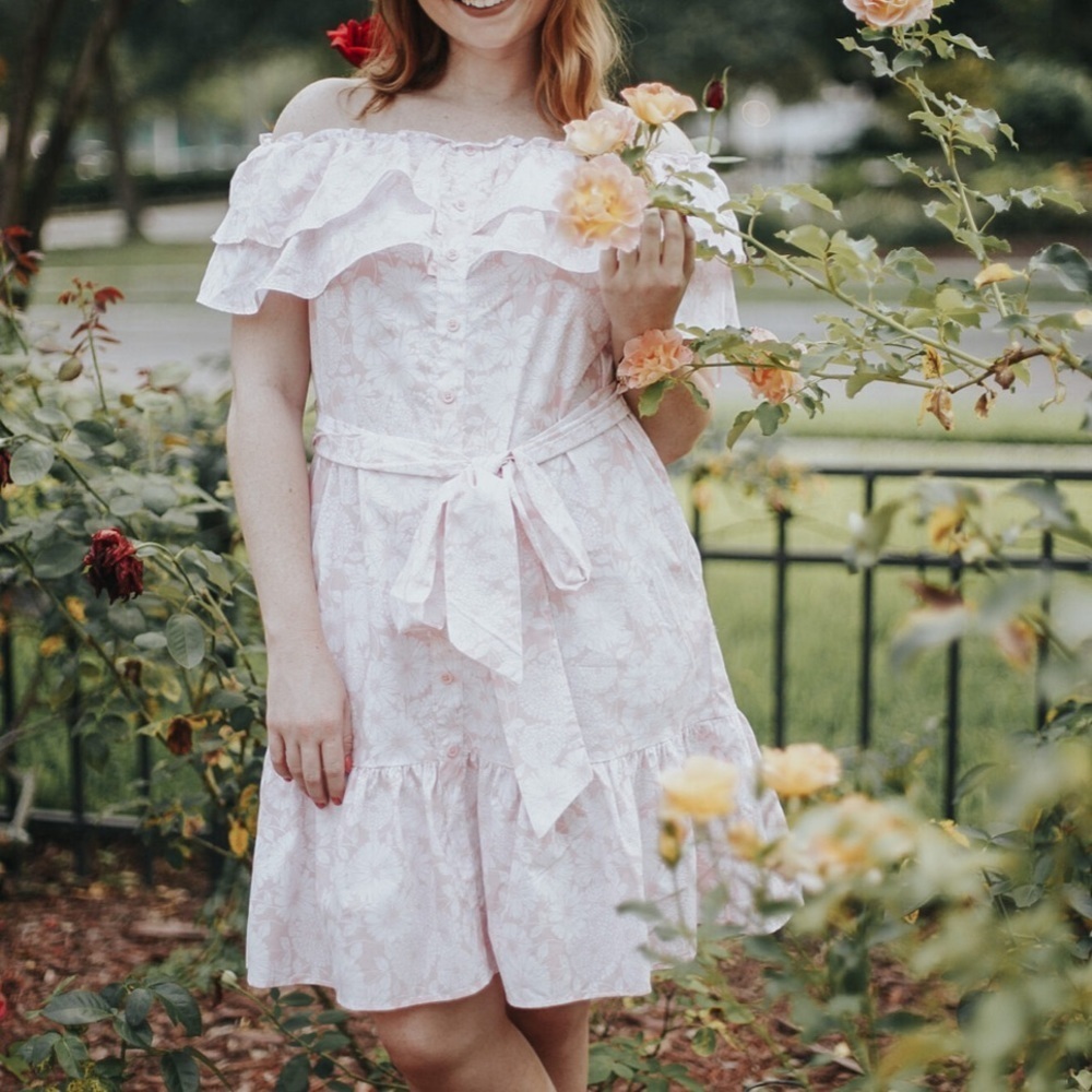 Lisa Marie Fernandez x Target Off Shoulder Ruffle Pastel Pink Floral Dress XS